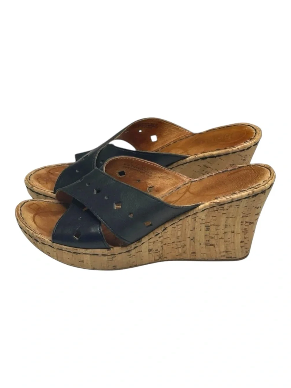 Born® 𖤐 Cross Font Laser Cut Cork Wedge Heel Sandals 𖤐 Black Leather 𖤐 6 36.5
